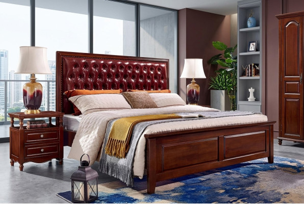 Double bed bedroom wood upholstered bed frame furniture design baroque