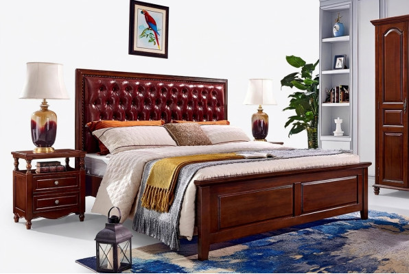 Double bed bedroom wood upholstered bed frame furniture design baroque