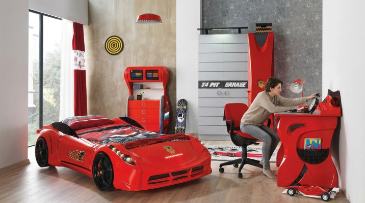Children's room car set bed wardrobe dresser desk boy furniture 4-piece set