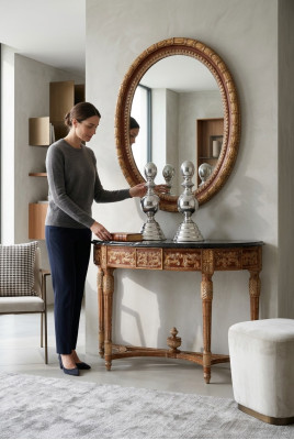 Italian Wooden Furniture 2-piece Set Baroque Style Console Table with New Mirror