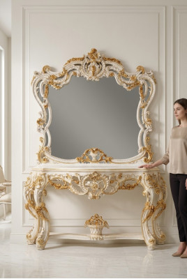 Classic mirrored console vanity table white wooden furniture for bedroom 2-piece