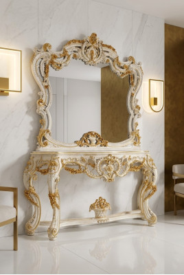 Classic mirrored console vanity table white wooden furniture for bedroom 2-piece