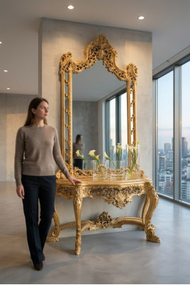 Luxurious carved console table and mirror in an elegant frame