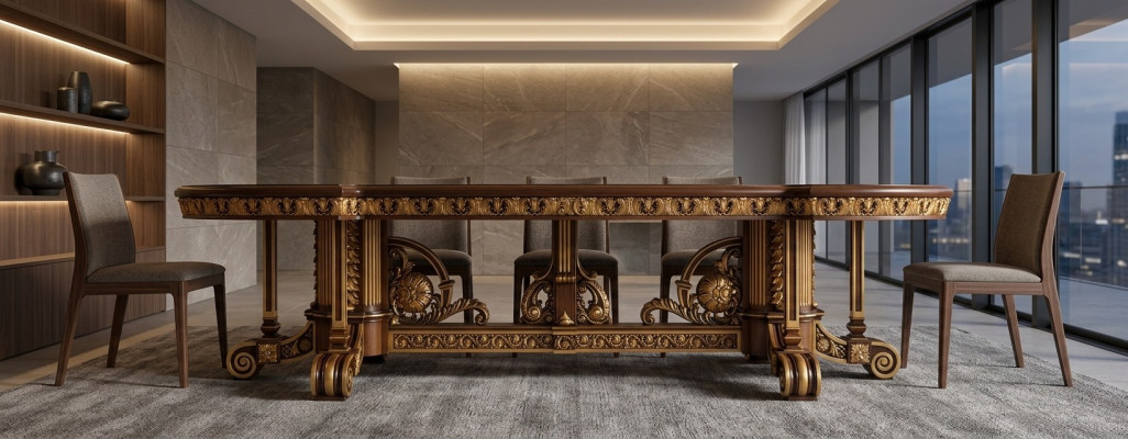 Dining table, dining room, leaf, gold, living room, wood, classic table, Italy, furniture