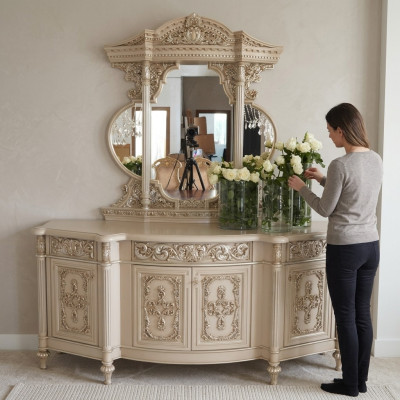 Chest of drawers sideboard dresser mirror set real wood Italian furniture antique style