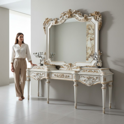 Luxurious white console table and mirror with carved frame