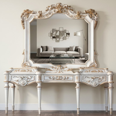 Luxurious white console table and mirror with carved frame