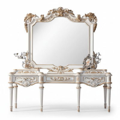 Luxurious white console table and mirror with carved frame