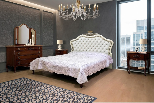 Complete 4-piece set for the bedroom design: modern luxurious bed, 2x nightstand, dresser