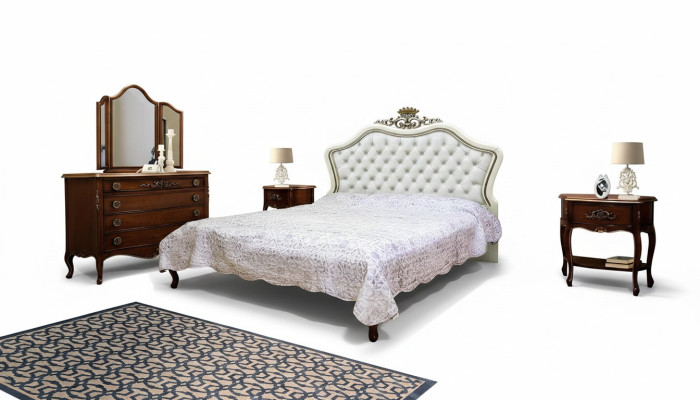 Complete 4-piece set for the bedroom design: modern luxurious bed, 2x nightstand, dresser