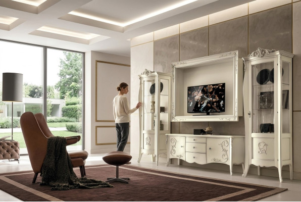 Set of 4-piece living room furniture: showcase cabinet, TV sideboard, cabinet, table, living room wooden furniture.
