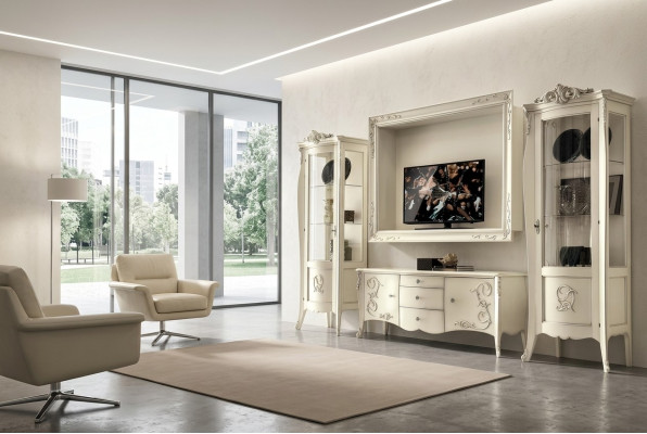 Set of 4-piece living room furniture: showcase cabinet, TV sideboard, cabinet, table, living room wooden furniture.