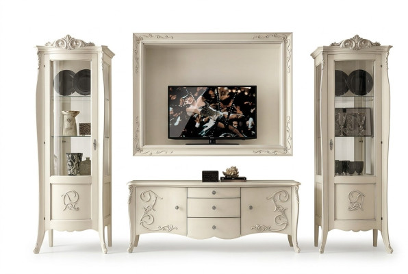 Set of 4-piece living room furniture: showcase cabinet, TV sideboard, cabinet, table, living room wooden furniture.