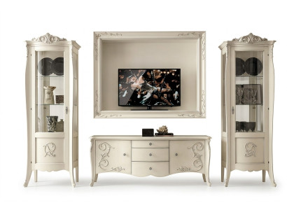 Set of 4-piece living room furniture: showcase cabinet, TV sideboard, cabinet, table, living room wooden furniture.