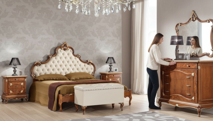 Bedroom complete set: bed, 2x nightstands, dresser, mirror, armchair 6-piece Italy