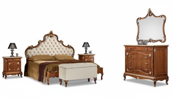 Bedroom complete set: bed, 2x nightstands, dresser, mirror, armchair 6-piece Italy