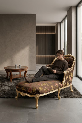 Classic chaise longue + coffee table gold flowers lounge Italian furniture table