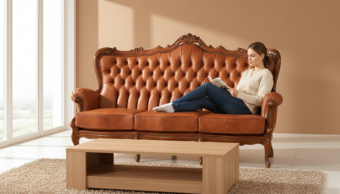 Luxury 3-seater sofa made of brown leather Art Deco style furniture leather
