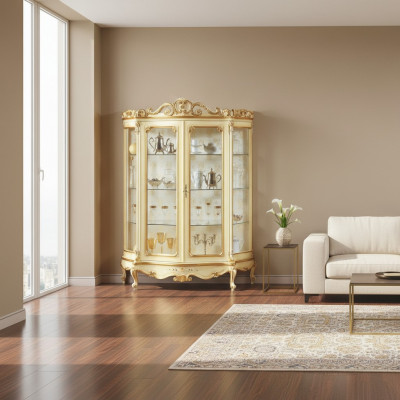 Glass display cabinet with artistic carvings and elegant design
