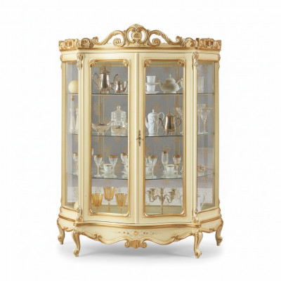 Glass display cabinet with artistic carvings and elegant design