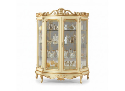 Glass display cabinet with artistic carvings and elegant design
