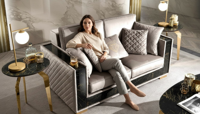 Sofa 2-seater modern design upholstered fabric sofas seating furniture living landscape grey