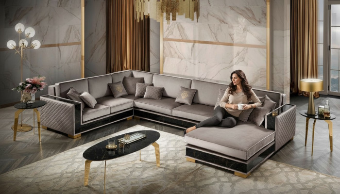 Sectional U-shaped sofa couch design upholstery fabric sofas seating furniture living area.