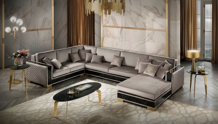 Sectional U-shaped sofa couch design upholstery fabric sofas seating furniture living area.