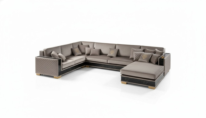 Sectional U-shaped sofa couch design upholstery fabric sofas seating furniture living area.