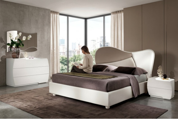 Bedroom Bed Nightstand Dresser Mirror Set White Modern Luxury Set 5-piece