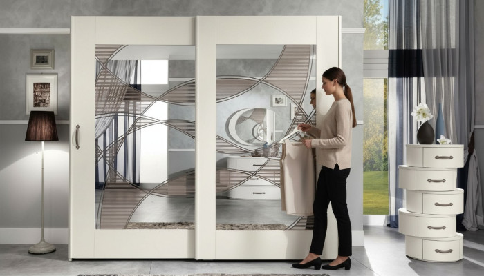 Luxury wardrobe with sliding doors, bedroom cupboard, wooden cabinets, modern