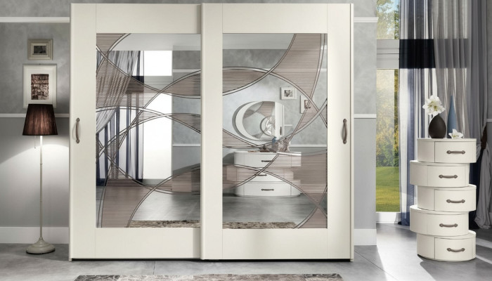 Luxury wardrobe with sliding doors, bedroom cupboard, wooden cabinets, modern