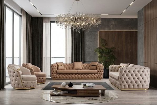 Chesterfield Sofa Set 3+3+1+1 Seater Suite Sofa Armchair Sofas Leather Beige