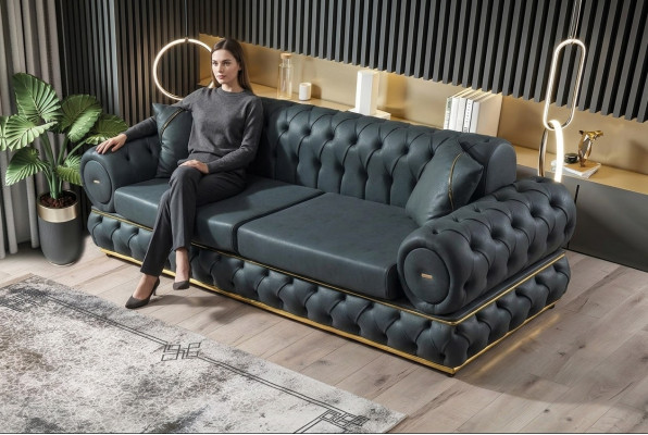 3-seater Chesterfield upholstered sofa, three-seater leather living room blue furniture