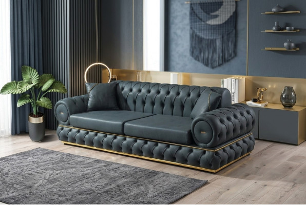 3-seater Chesterfield upholstered sofa, three-seater leather living room blue furniture