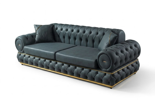 3-seater Chesterfield upholstered sofa, three-seater leather living room blue furniture
