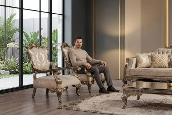 A luxurious, classic, beige-and-gold Baroque armchair by Chesterfield
