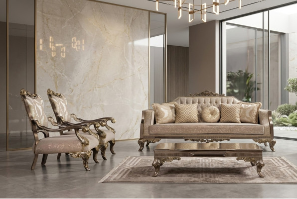 A luxurious, classic, beige-and-gold Baroque armchair by Chesterfield