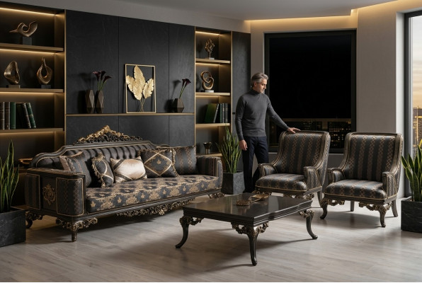Suite Sofa Set 3+1+1 Seater Coffee Table Armchair Sofas Set Fabric Baroque Seat
