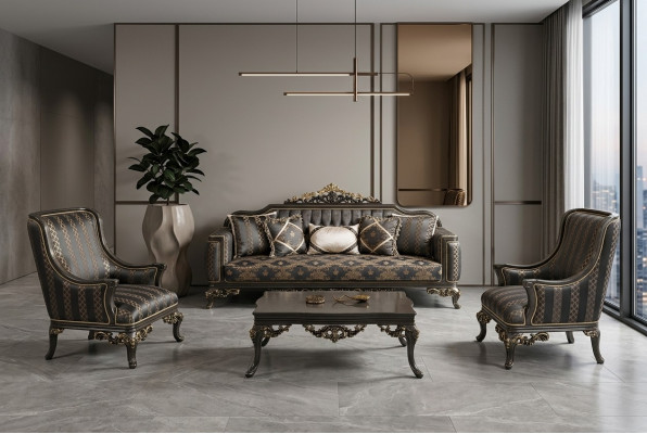 Suite Sofa Set 3+1+1 Seater Coffee Table Armchair Sofas Set Fabric Baroque Seat