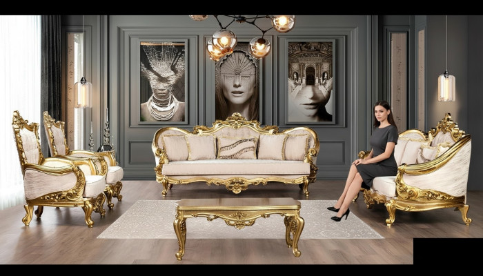 Sofa set, sofa seats, coffee table, armchair, sofas, fabric, baroque seating, 5-piece new.