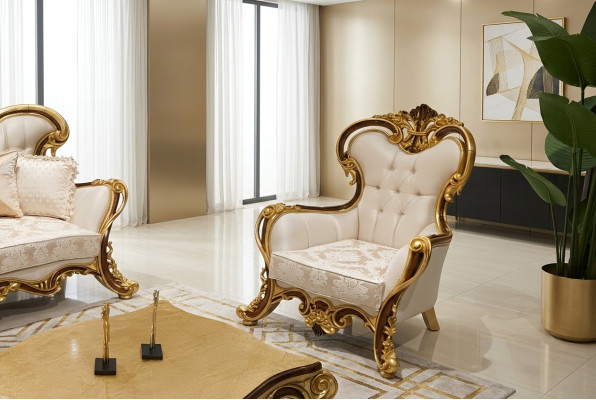 Luxurious classic wing chair in white and gold Baroque design