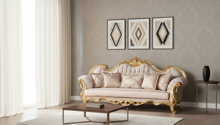 Three-seater sofa, 3-seater sofa, sofas, couches, fabric, baroque style, rococo furniture.