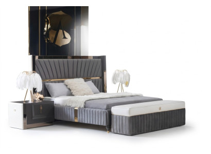 Luxury bed 180x200cm with wooden headboard and 2 bedside tables Italian furniture new