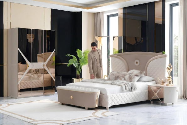 Double beds modern bed frame beds set 3-piece bedroom bed nightstand