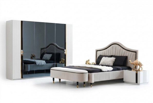 Textile Bed Bedroom Furniture Design Group 5-piece Set 2x Nightstands Beds New
