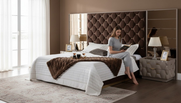 Bedroom Bed Nightstand Beds Double Wood New Luxury Set 3-piece.