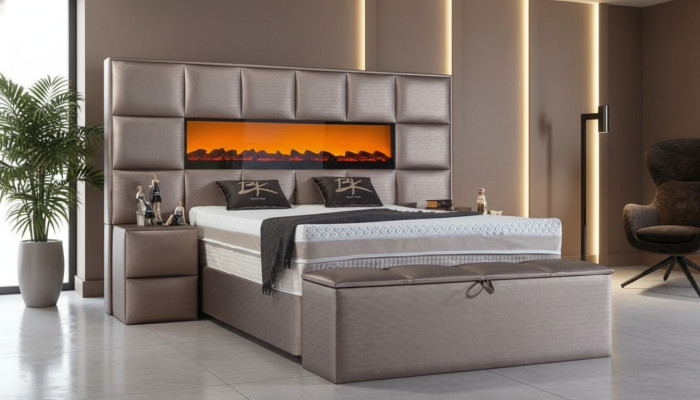 Elegant contemporary double bed with spacious upholstered headboard.