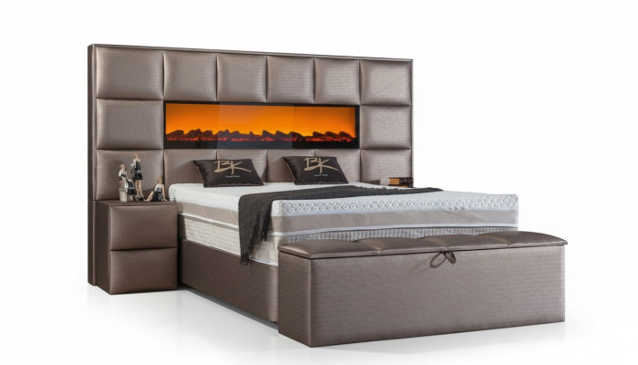 Elegant contemporary double bed with spacious upholstered headboard.