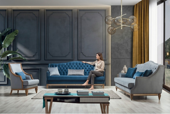 Modern blue Chesterfield sofa set designer three-seater luxury armchair